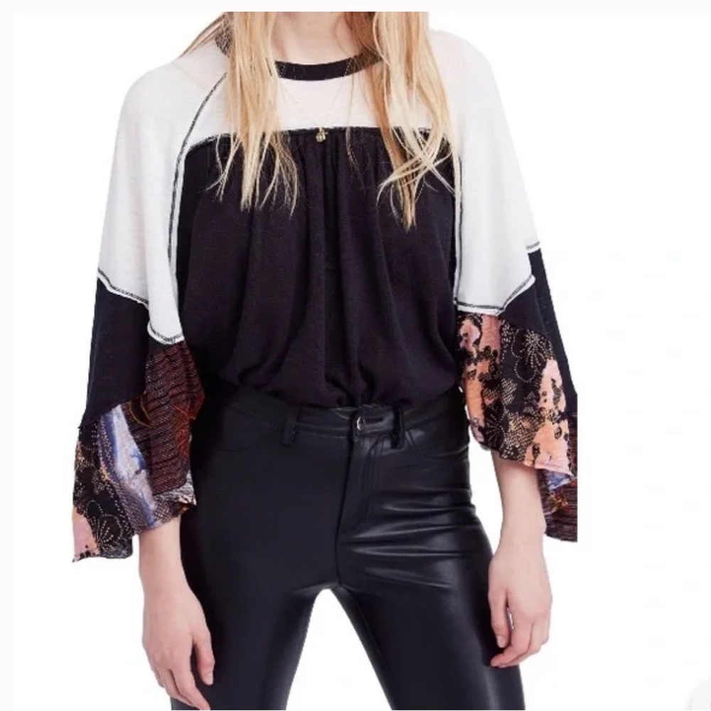 Women's Black and White Top with Floral Sleeves